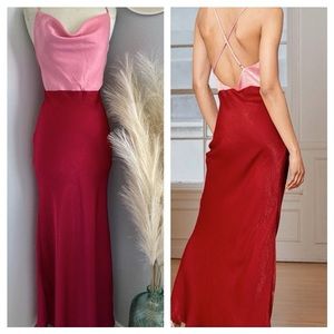 ❤️ Lulus Exquisite Evening Pink Color Block Satin Cowl Neck Maxi Dress